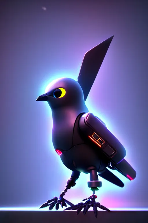 Image similar to high quality 3 d render very cute cyborg crow! sings into microphone!, cyberpunk highly detailed, unreal engine cinematic smooth, in the style of blade runner & detective pikachu, hannah yata charlie immer, moody light, low angle, uhd 8 k, sharp focus