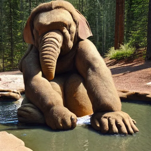 Image similar to big sir is a bigfoot / elephant hybrid monster lounging in an idyllic hot spring