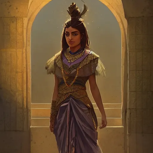 Image similar to A well dressed sumerian woman in a major Mesopotamian city, highly detailed, digital painting, artstation, concept art, sharp focus, illustration, cinematic lighting, art by artgerm and greg rutkowski and alphonse mucha