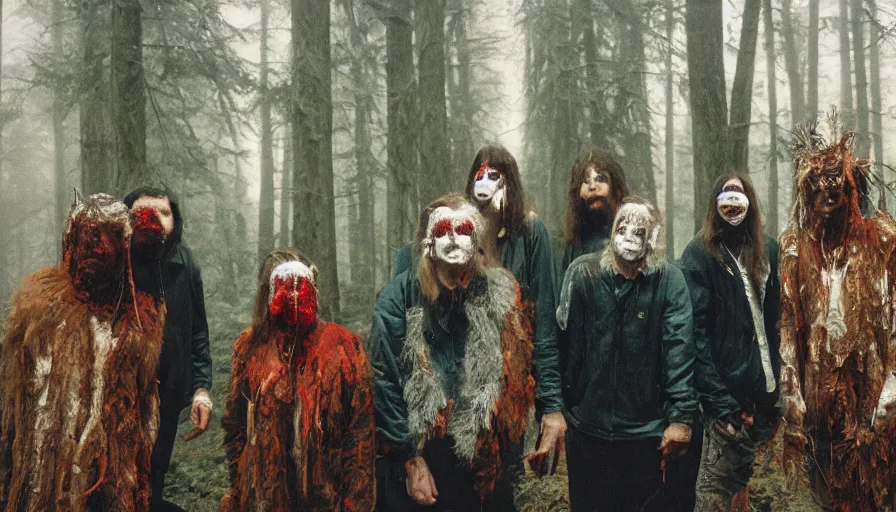 Prompt: high realistic photo portrait of esoteric tribes members with taxidermic flesh bloody mask in a foggy forest, cinestill 800t 35mm, heavy grain, high quality,