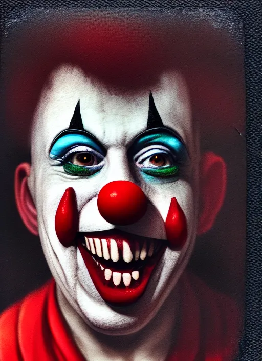 Image similar to polaroid selfie of clown influencer, diaphanous, render, octane, detailed, award winning photography, masterpiece, dark backround, highly detailed, digital illustration, trending in artstation, modern painting, smooth, sharp focus, intricate