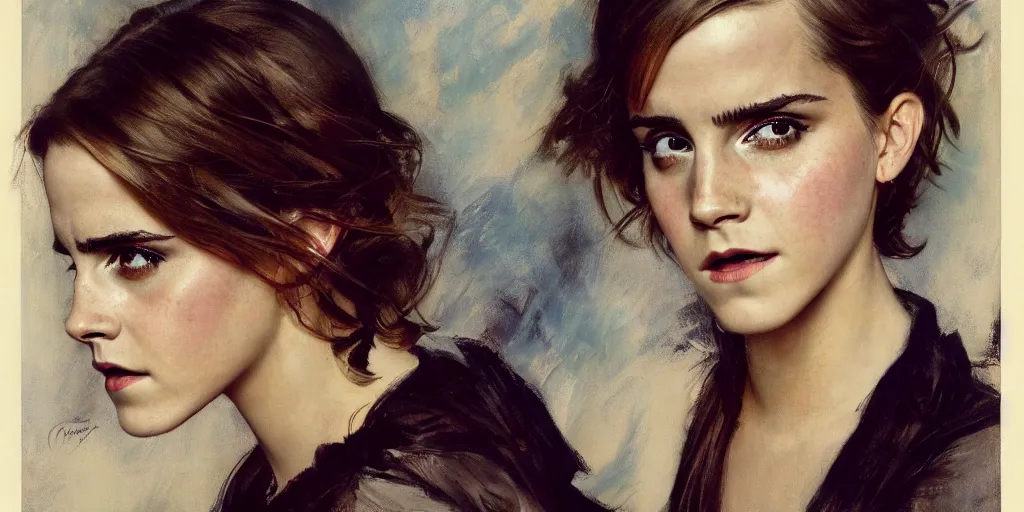 Image similar to emma watson frowning detailed portrait painting by gaston bussiere craig mullins j. c. leyendecker photograph by richard avedon peter lindbergh annie leibovitz