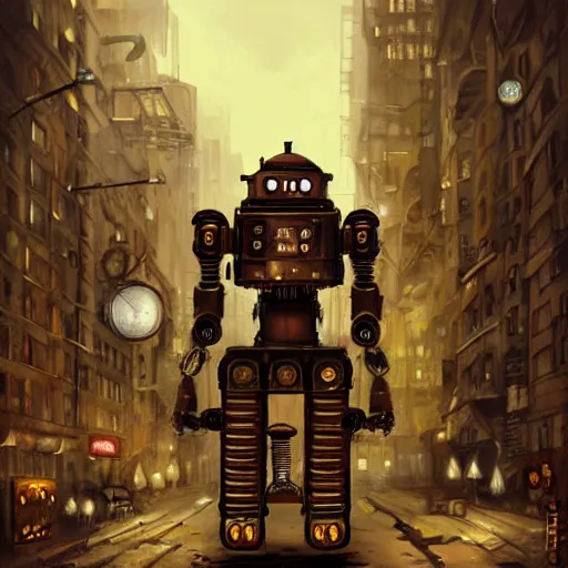 Prompt: Gigantinc steampunk robot standing in a steampunk city, digital art, artstation, detailed, realistic