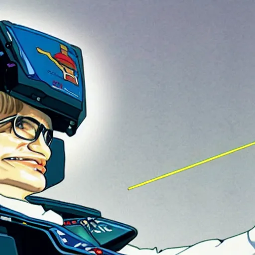 Prompt: stephen hawking with gundam mecha robot legs japanese anime