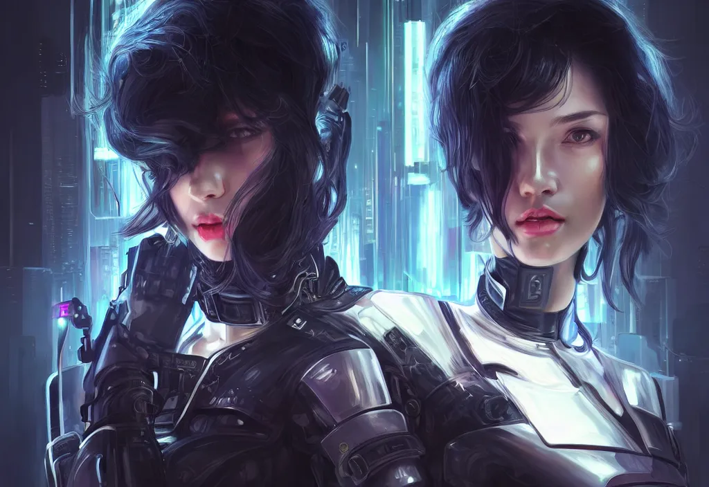 Image similar to portrait holy dark grey hair of futuristic police girl, black armored uniform, at cyberpunk reflected tokyo night, ssci - fi and fantasy, neon light, intricate and very very beautiful, highly detailed, digital painting, artstation, concept art, smooth and sharp focus, illustration, art by tian zi and wlop and alphonse mucha