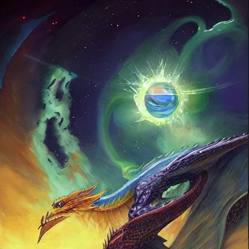 Image similar to Chrystalline blue dragon devouring a planet, space, sun system, nebula, oil painting, by Fernanda Suarez and Edgar Maxence and Greg Rutkowski