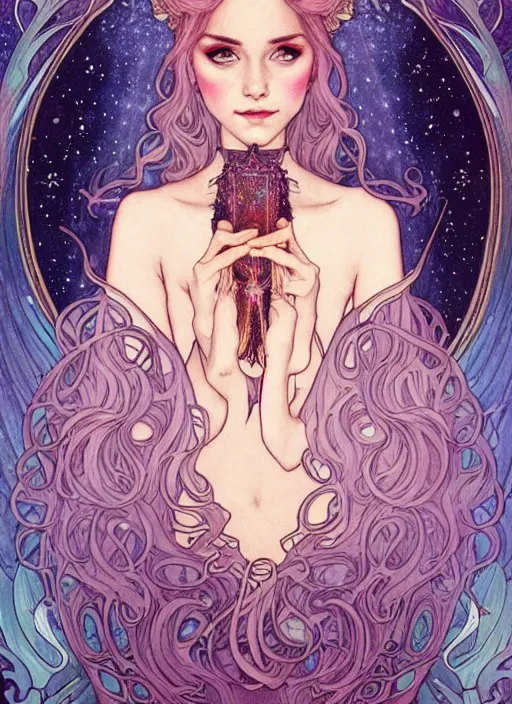 Image similar to fantastic portrait of a beautiftul witch aside a fire magic book, royally decorated crystal gemstones, symmetrical face, art nouveau, portrait, cute, fairy, by artgerm, kelly mckernan, charlie bowater, alphonse mucha, detailed background, artstation, intricate, elegant, highly detailed