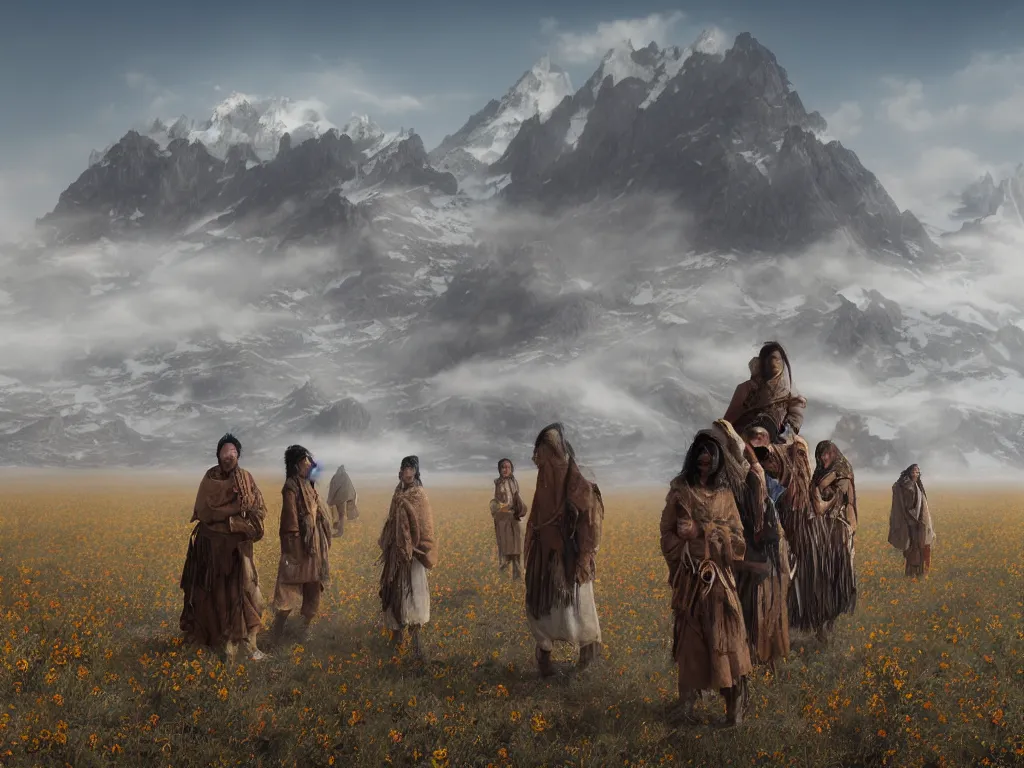 Prompt: a portrait of the mighty helianthus people, a nomadic mongolian tribe that worship the sunlight and have the ability to fly, they dwell a vast barren valley full of dry withered sunflowers, with a glacier mountain peaking through fog in the distance, by Greg Rutkowski, Sung Choi, Mitchell Mohrhauser, Maciej Kuciara, Johnson Ting, Maxim Verehin, Peter Konig, Bloodborne, macro lens, 35mm, 8k photorealistic, cinematic lighting, HD, high details, atmospheric