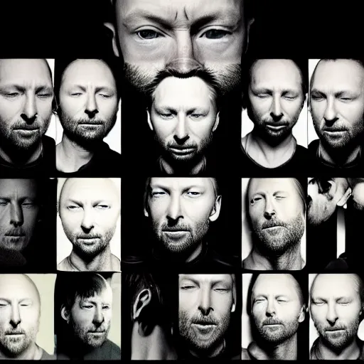 Image similar to versions collage of variations, hyper realistic, many variations of thom yorke, face variations, various emotions, various poses, high quality, brush stroke, intricate details, beautiful lighting