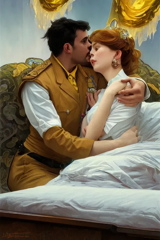 Image similar to portrait of a man in dhl uniform hugging his wife in a bed, feelings, romantic, fantasy, intricate, elegant, highly detailed, digital painting, artstation, concept art, smooth, sharp focus, illustration, art by artgerm and greg rutkowski and alphonse mucha