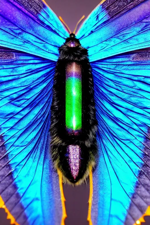 Prompt: high quality macro photo gothic furry iridescent moth! jewelled gorgeous! highly detailed david ligare elson peter cinematic blue neon lighting high quality low angle hd 8k sharp shallow depth of field