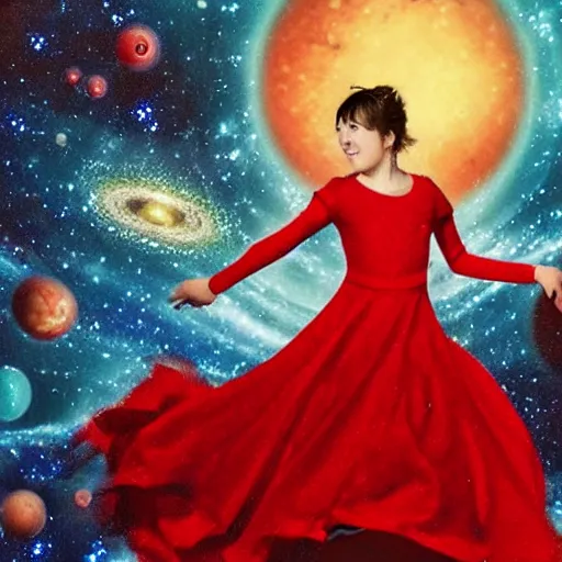 Prompt: a young girl in red dress being chased by a galaxy nightmare