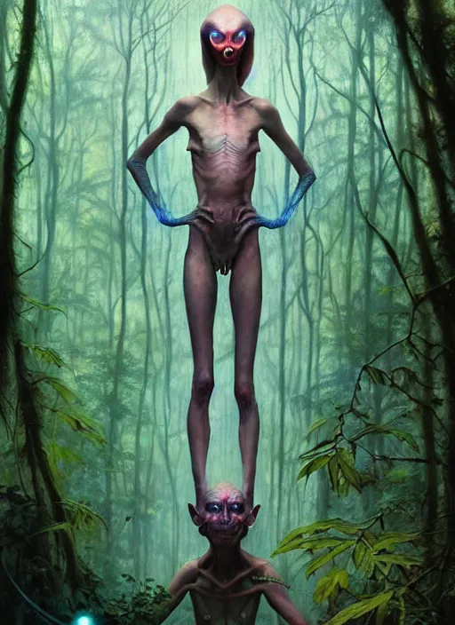 Image similar to hyper realistic magic alien in the woods in a river gorgeous lighting, lush forest foliage blue sky a hyper realistic painting by chiara bautista and beksinski and norman rockwell and greg rutkowski, tom bagshaw weta studio, and lucasfilm