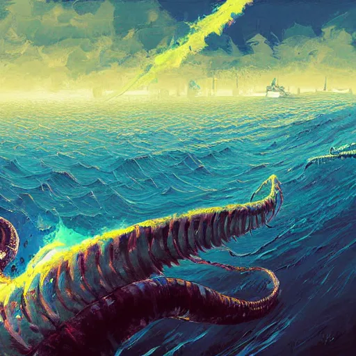 Prompt: a painting of a large coiled leviathan, by alena aenami and greg rutkowski