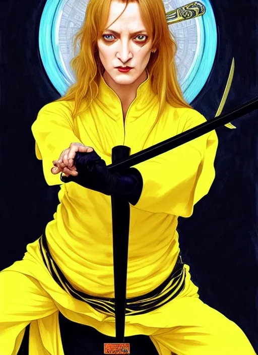 Image similar to uma thurman in kill bill as a very cool warrior, rococo and art nouveau fusion, swinging reflective katana, yellow jumpsuit with black stripe, highly detailed, deep focus, elegant, digital painting, smooth, sharp focus, illustration, ultra realistic, japanese art by artgerm and alphonse mucha