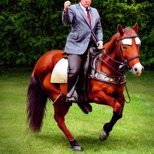 Prompt: saul goodman riding a horse while holding a sword, photograph, high rated, realistic, award winning