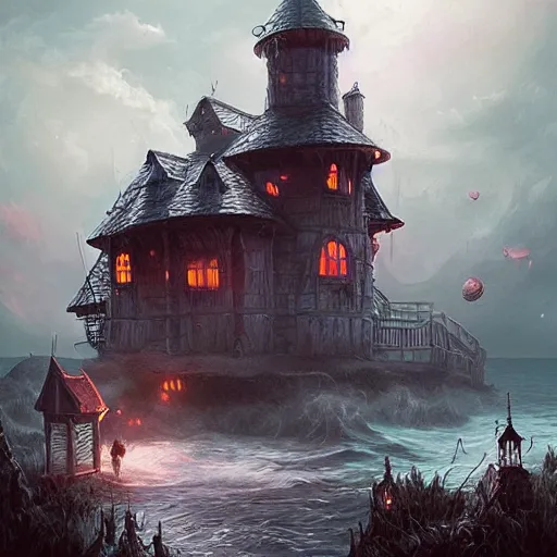 Image similar to realistic scary witches in front of a candy witch house, floating on the ocean, epic scene, fantasy, cinematic, hyper - detailed, in the style of greg rutkowski