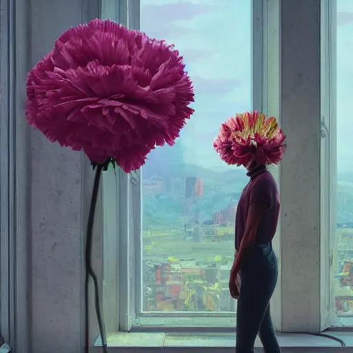 Image similar to giant carnation flower head, woman standing next to modern window in luxury loft, surreal photography, sunlight, impressionist painting, digital painting, artstation, simon stalenhag