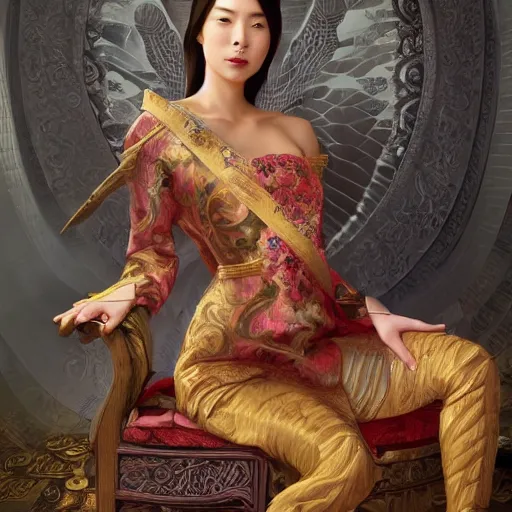 Image similar to a young asian woman with shoulder length hair and strong facial bone structure, queen and ruler of the universe, sitting on her throne, young handsome caucasian men kneeling at her feet, digital painting, highly detailed, intricate, elegant, trending on artstation, art by greg rutkwowski, artgerm, wlop, alphonse mucha