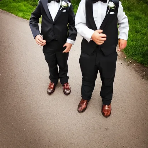 Prompt: two deformed weirdo brothers dressed for a wedding. Photograph.