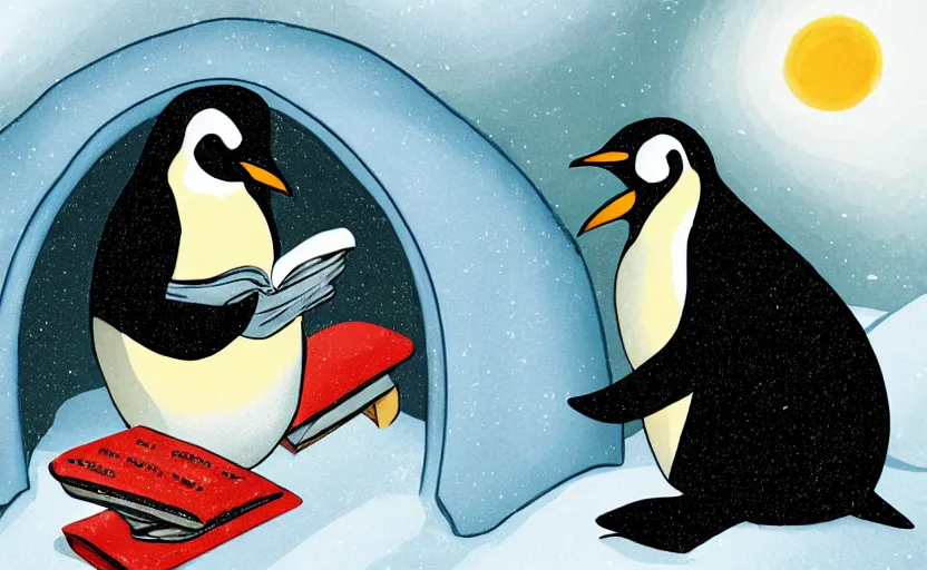 Prompt: childrens book illustration of an emperor penguin sitting down and reading a book inside an igloo