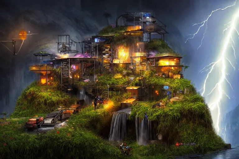 Image similar to mission waterfall favela honeybee hive, sci - fi environment, lightning, industrial factory, award winning art, epic dreamlike fantasy landscape, ultra realistic,