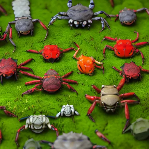 Image similar to large group of crabs and worms, crawling along a bed of moss, low poly, creeper world, handcrafted, artstation, hyperrealistic, hard light, best practices, creeptastic, photorealism, macro perspective, cuddly, Voidless of the Festival!