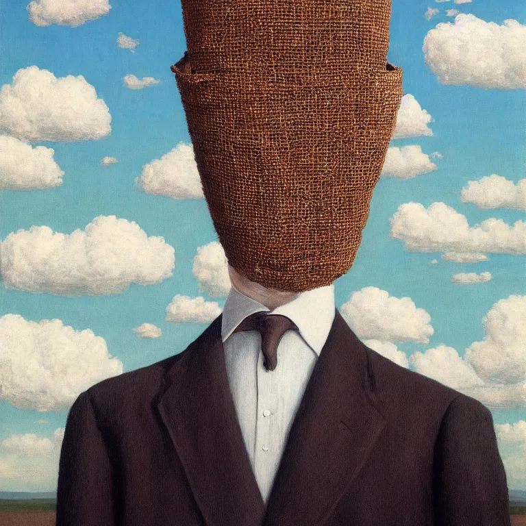 Image similar to portrait of a burlap sack - head man in a suit, clouds in the background, by rene magritte, detailed painting, distance, centered, hd, hq, high resolution, high detail, 4 k, 8 k