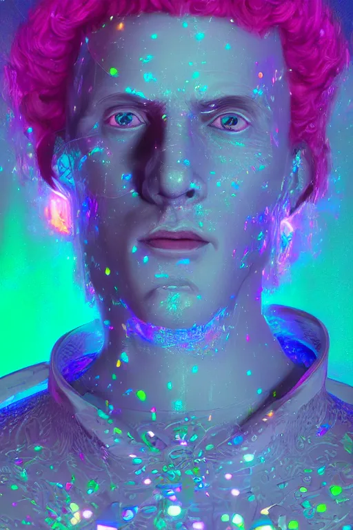 Prompt: portrait of a hyperdimensional jester, neon rainbow quartz, 4k detailed hyperrealistic digital photo by Beeple, Gustave Dore, Artstation, CGsociety
