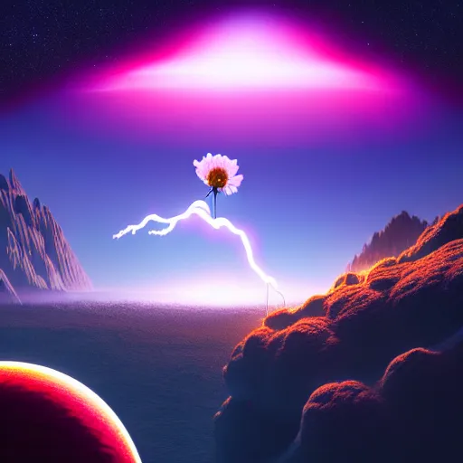 Image similar to astronaut finding a flower on an alien planet with mountains, water, strange clouds, hyper realistic, dramatic lightning, ray tracing, high resolution photo, 8 k