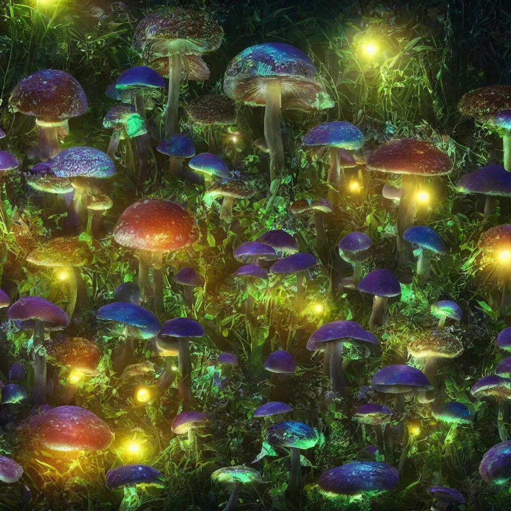 Prompt: macro photo of bioluminous mushrooms growing in a spheroid forest, 3d render, nightlight Study, by Jan Davidsz de Heem and Lisa Frank, Art Nouveau, 8k, extreme detail, sharp focus, cinema 4d render