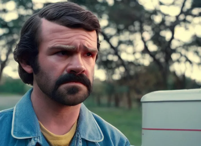 Image similar to film still of jim hopper as mike wheeler in stranger things, 8 k