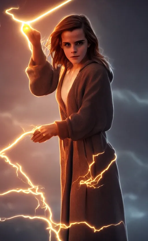 Prompt: Emma Watson casting an electricity spell. Digital art trending on artstation. 4k. Tyndall effect.