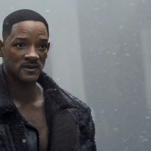 Image similar to a still from blade runner 2 0 4 7 with will smith as the main characer