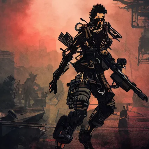 Image similar to 8K detailed illustration of a post-apocalyptic cyberpunk Indonesia war general in the style of Yoji Shinkawa, high resolution