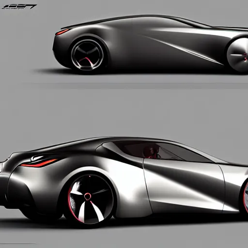 Prompt: a sports car design loosely based on the nissan sports cars, concept car, photoreal, symmetry, by ash thorp