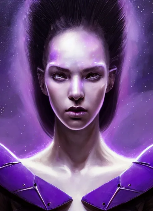 Image similar to top down lighting, extreme close up, stunning portrait of a woman in purple leather future armor with a long black ponytail, white eyes, with space and stars around her, spaceship hallway, intricate, mood lighting, highly detailed, digital painting, artstation, concept art, smooth, sharp focus, illustration, art by wlop, mars ravelo and greg rutkowski