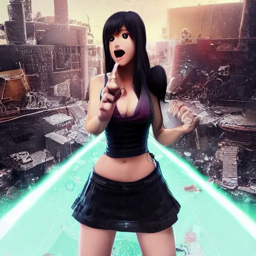 Prompt: a giant giga sized tifa from final fantasy 7 remake having fun destroying a city while smiling, digital art, octane render, award winning, very detailed, full body portrait, 3d render, detailed facial expressions, destroyed city, 4k destruction, fire, video game art, no text, ray tracing, slow motion glitter sparkles in the air, powerful, chakra attack, good composition