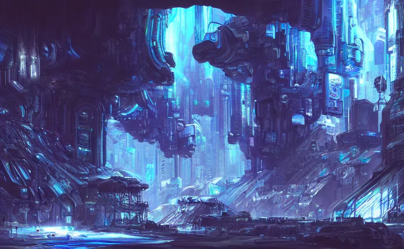 Image similar to cyberpunk factory in a dark cave, blue crystals, hyper detailed, realistic, intricate, concept art by frank hong, mate painting, artstation