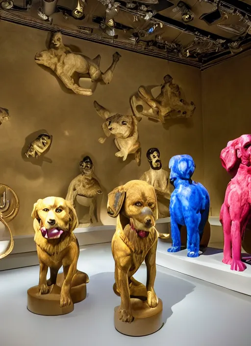 Prompt: a museum room with sculptures of velvet dogs made by koons