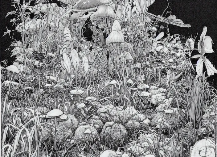 Prompt: surreal line art by kim jung gi!, a lot of jungle flowers and exotic plants + toxic mushrooms + long grass + tall stone + old paper, 7 0's vintage sci - fi style, rule of third!!!!, a computer rendering by ma yuan, featured on pixiv, generative art, painterly, cyanotype