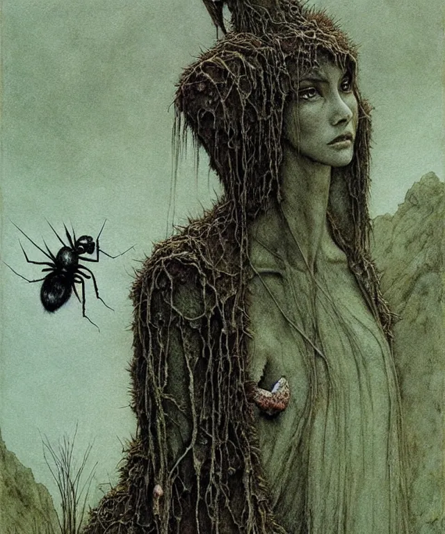 Image similar to a detailed mosquitowoman stands among the hills. wearing a ripped mantle, robe. perfect faces, gnats, extremely high details, realistic, fantasy art, solo, masterpiece, art by zdzislaw beksinski, arthur rackham, dariusz zawadzki