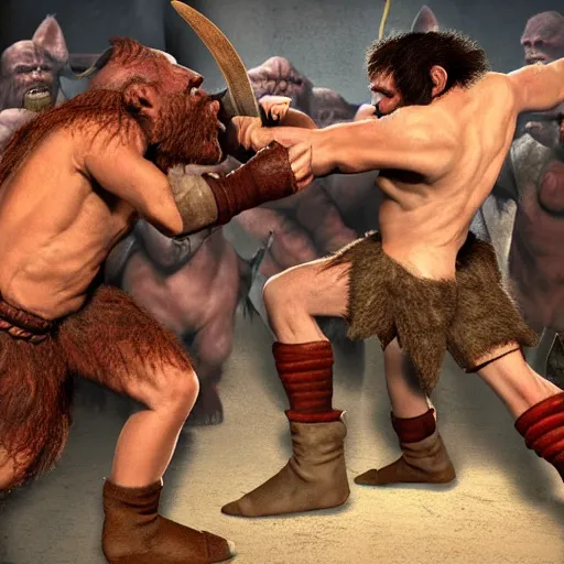 Image similar to justin trudeau in a fighting pit with orcs, fantasy, HD,