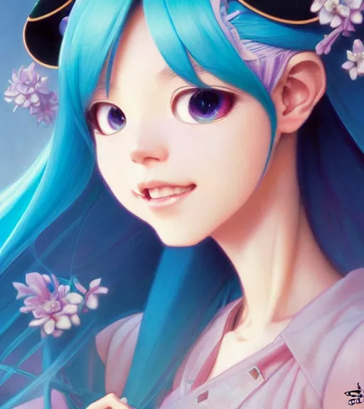 Image similar to portrait of disney! hatsune miku!!!!!, intricate, elegant, highly detailed, digital painting, artstation, concept art, smooth, sharp focus, illustration, art by artgerm and greg rutkowski and alphonse mucha and uang guangjian and gil elvgren and sachin teng and wlop, symmetry!!