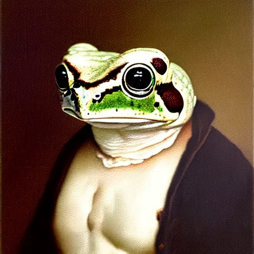 Image similar to a head and shoulders portrait painting of an anthropomorphic! amazon milk frog wearing a colonial outfit without a hat looking off camera, a character portrait, american romanticism, oil on canvas, soft focus