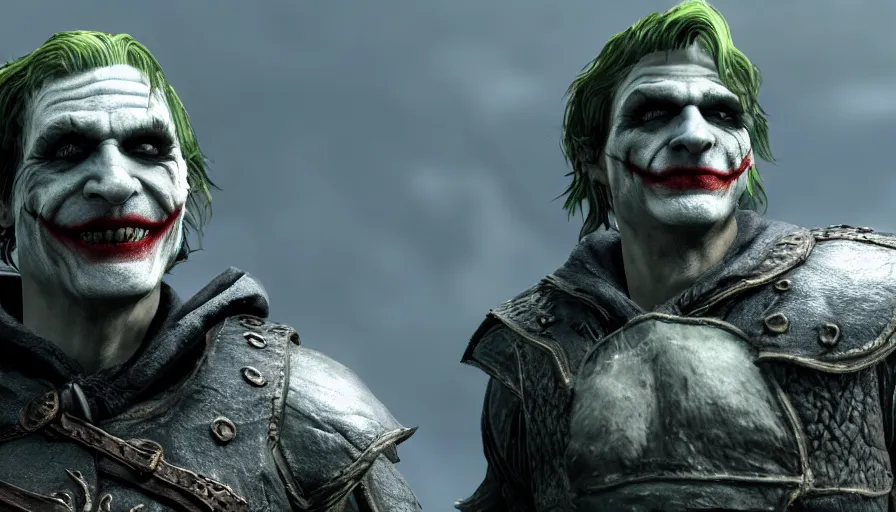 Image similar to close - up skyrim character screenshot of the joker talking to you, enb, 4 k, bokeh, beautiful, detailed