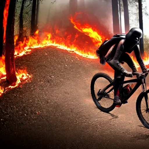 Image similar to darth vader ist riding a mountainbike fast through a burning forrest