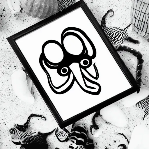 Image similar to very angry squid, 🦑 design in square frame, black and white, mad cuttlefish, cute decapodiformes