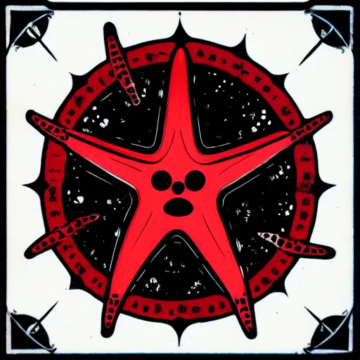 Prompt: evil cybernetic symmetrical space starfish, red on black cyanotype illustration, detailed and aesthetic