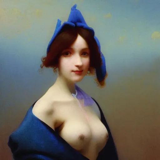 Image similar to a young woman's face, her hair is white and she wears a cobalt blue satin cloak, by ivan aivazovsky and syd mead and moebius and gaston bussiere and roger dean and pieter claesz and paul delaroche and alma tadema and aelbert cuyp and gerard borch, hyperrealistic, volumetric light, octane render